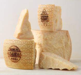 Grana Padano cheese wedges and blocks