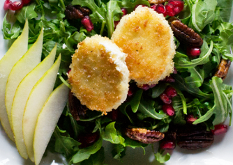 Goat cheese Salad with nuts and fresh pears
