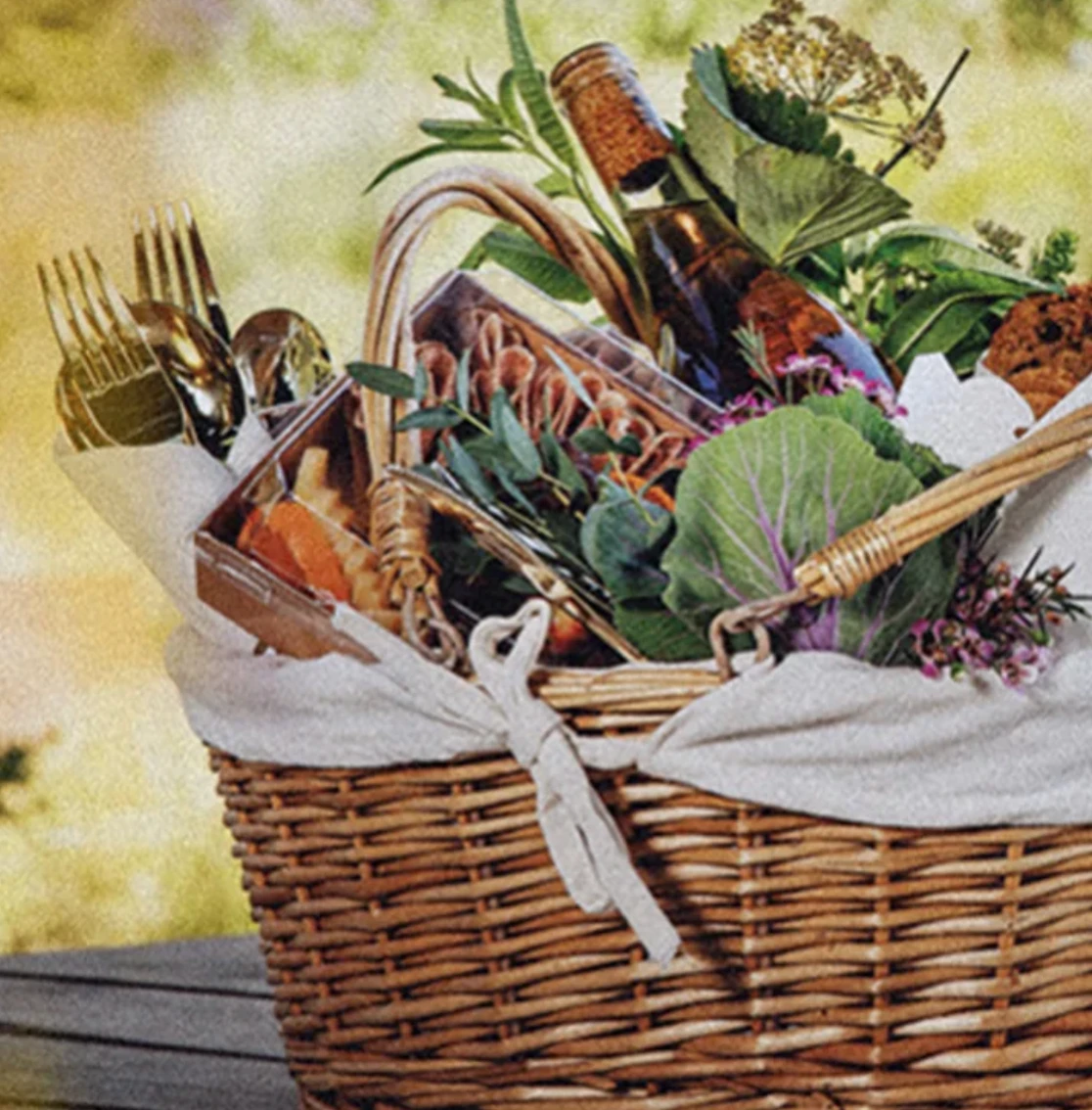 basket with food and wine