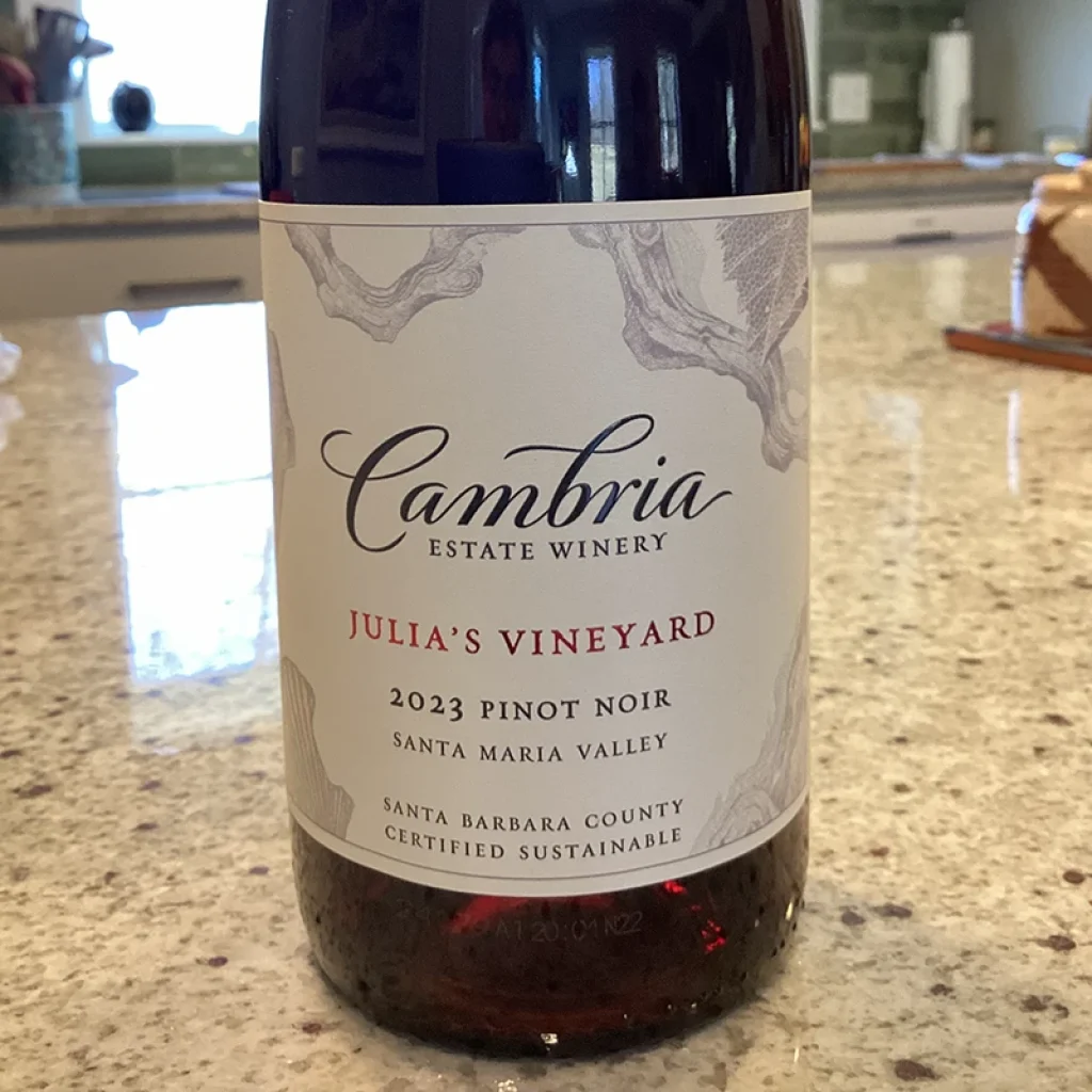 A bottle of Cambria Estate Winery Julias-Vineyard pinot noir santa maria county